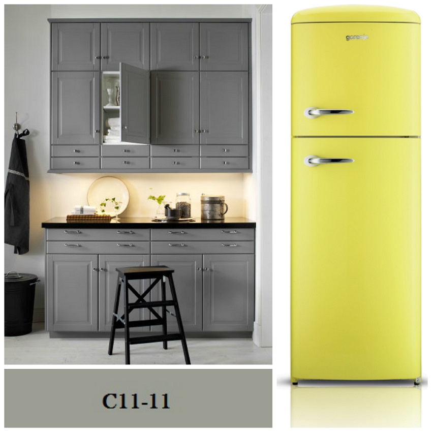 bucatarie gri - frigider galben